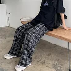 Drape xadrez calças de perna larga mulheres verão verão mais magro olhar All-Match versão coreana cintura alta drape sol