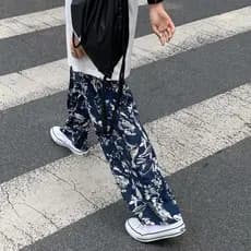 Lonslan caseiro estilo verão All-Match calças de praia pequeno Retro casual azul escuro Floral casual calças de perna la