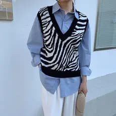 Zebra sem mangas camisola exterior Wear feminino novo estilo com decote em V jaqueta de malha camisa colete de duas peça