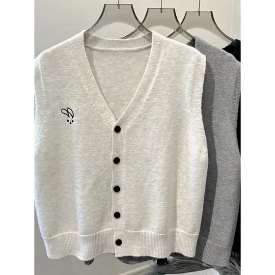 Estilo Preppy dos desenhos animados coelho bordado camisola colete Cardigan sem mangas colete com decote em v malhas jaq