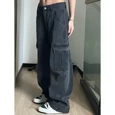 Macacão americano chão-mopping Jeans feminino outono preto cinza cintura alta calças retas soltas mais magro olhar calça