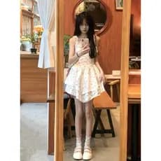 Francês Super fada Floral Suspender saia bolo de fadas vestido feminino verão pequeno homem cintura estreita mais magro