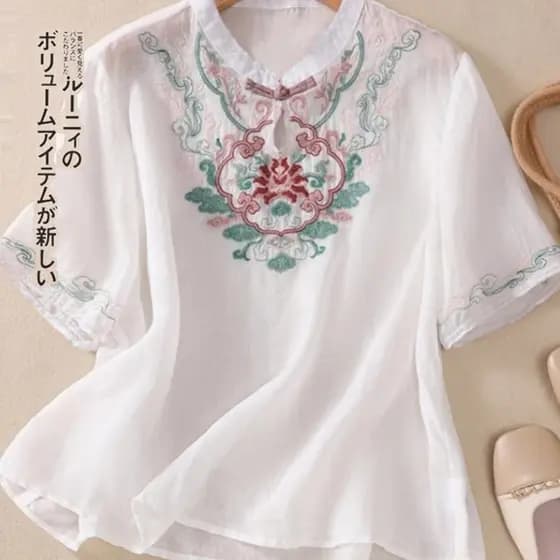 Novo estilo chinês algodão linho bordado camisa de manga curta feminino vestido de verão mãe estilo chinês linho solto t