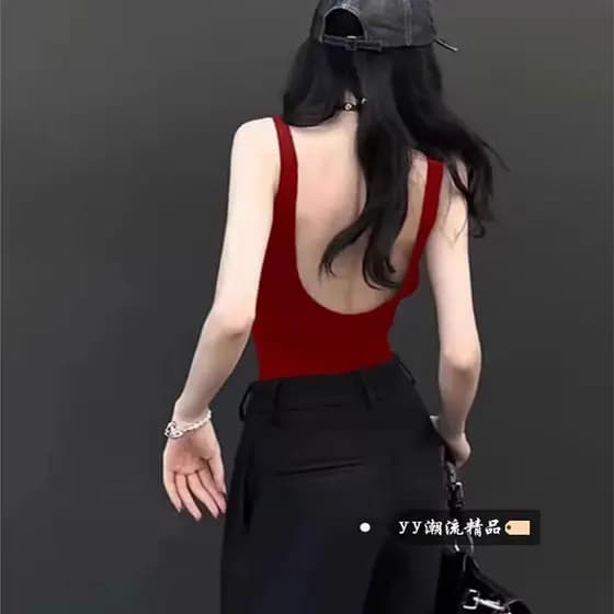 Camisola vermelha sem costas feminina, roupa externa de verão em forma de u, lindo sutiã traseiro, peça única, esportes