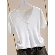 Camiseta de manga curta de seda gelo feminina malhas 2024 verão novo estilo na moda All-Match fino com decote em V Sli