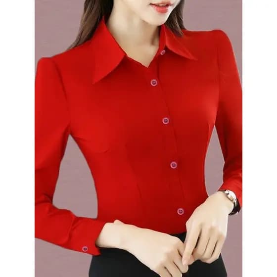 T elegante camisa vermelha feminina primavera manga comprida cor sólida versão coreana roupa profissional roupa Formal S