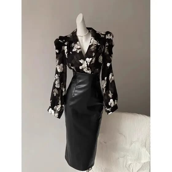 Francês High-End Design preto com decote em v Floral manga Puff camisa feminina 2025 novo estilo primavera outono temper