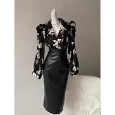 Francês High-End Design preto com decote em v Floral manga Puff camisa feminina 2025 novo estilo primavera outono temper