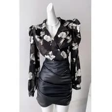 Estilo francês impresso Puff manga comprida com decote em v camisa superior feminino 2025 primavera verão novo estilo Hi