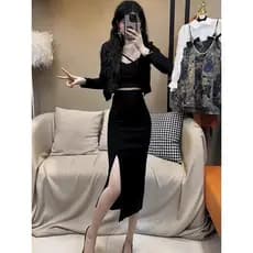 2025 verão novo estilo estilo fino moda protetor solar Cardigan elegante camisola cintura alta fenda saia terno de três