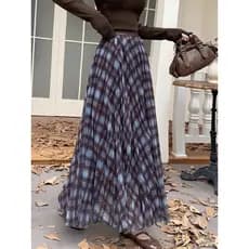 Retro xadrez gaze saia primavera verão 2026 primavera verão Drape capa carne mais magro olhar comprimento médio plissado