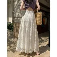 Primavera verão novo estilo de cintura alta mais magro olhar temperamento Casual grande bainha A linha saia renda gaze s