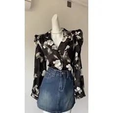 Francês preto com decote em v Floral manga Puff Tencel camisa feminina verão Chiffon estilo fino protetor solar camisa e