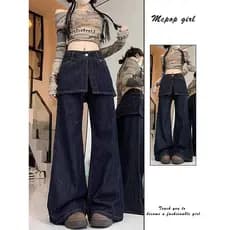 Americano Retro falso de duas peças azul escuro Jeans feminino primavera outono 2026 novo estilo cintura alta Design per