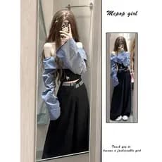 Estilo coreano estilo Preppy terno feminino primavera verão listrado de um ombro camisa de manga comprida Casual terno r