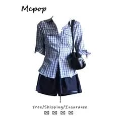 Estilo coreano quente menina Retro xadrez camisa terno feminino verão fino-ajuste filigrana de manga curta saia superior