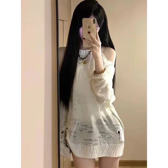 Y2k quente menina branco fora do ombro rasgado oco blusa de malha feminina primavera outono novo estilo Design All-Match