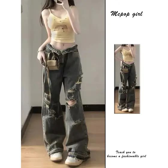 Americano High Street rasgado Jeans feminino verão novo estilo solto Design nicho borda crua perna larga calças de perna