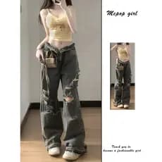 Americano High Street rasgado Jeans feminino verão novo estilo solto Design nicho borda crua perna larga calças de perna