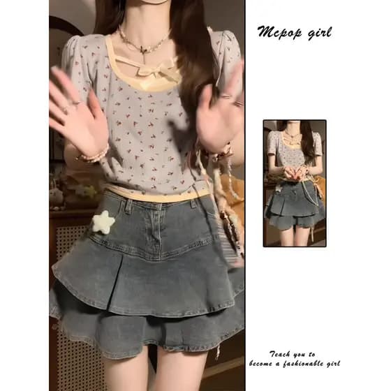 Y2k quente menina Denim bolo saia feminina verão novo estilo nicho Design babados saia cintura alta a linha saia