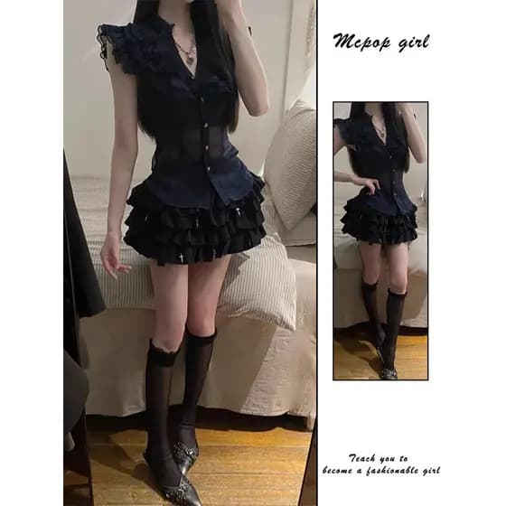 Y2k Millennium menina quente preto bolo saia feminina verão novo estilo saia Punk cultura asiática saia Puff saia curta