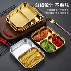 Prato de jantar de aço inoxidável 304, estilo coreano, talheres dourados, compartimento para lanche, caixa de tempero, j