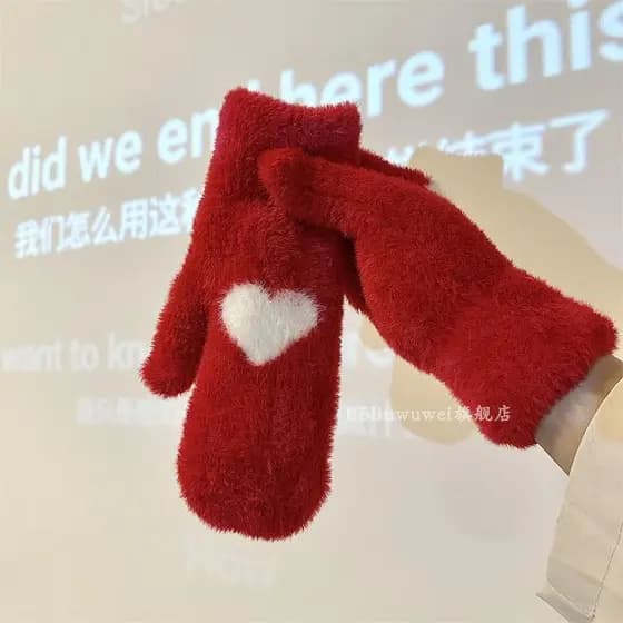 Novo estilo imitação de coelho de pelúcia ins feminino inverno ano novo vermelho amor luvas velo quente bonito à prova d