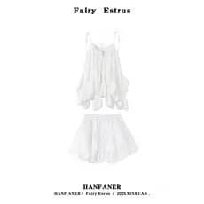Branco Irregular babados Suspender saia vestido verão beira-mar Super fada elegante fofo saia curta terno de duas peças