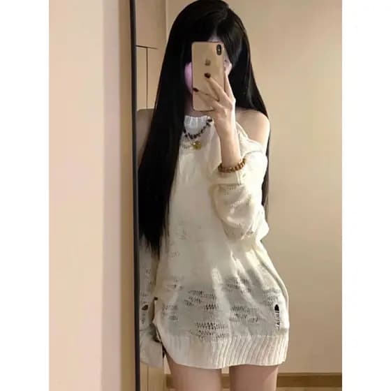 Blusa de malha oca branca feminina 2024 início do outono novo estilo parte inferior do corpo faltando protetor solar All