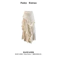 Francês Retro cetim bolinhas saia de cintura alta feminina primavera Design sentir Irregular babados saia longa