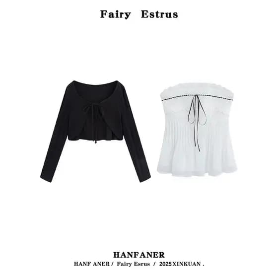 Puro desejo estilo quente menina renda guarnição tubo superior colete superior primavera curto atado preto Cardigan jaqu