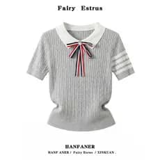 Top de arco de quatro barras feminino verão novo estilo lapela estilo Preppy redução de idade torção malha camiseta de m