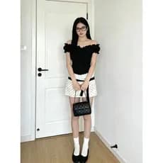 Estilo suave preto cintura estreita amarrado manga curta camiseta feminina verão rendas bolo saia Pol