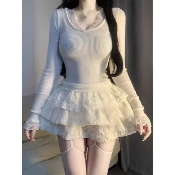 Menina quente puro desejo renda borda bolo saia feminina primavera verão doce cintura alta pequena saia de bolo fofo