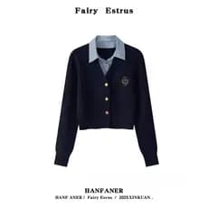 Estilo Preppy britânico gola polo falso camisola de malha de duas peças feminino estilo outono nicho Design sentido fino