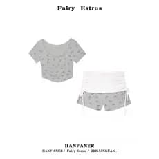 Doce quente puro desejo impresso manga curta topo terno feminino verão quente menina camiseta de cintura baixa plissado