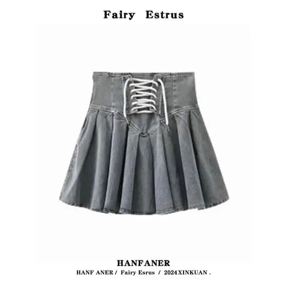 Doce estilo legal quente menina rendas saia jeans feminina verão cintura alta mais magro olhar saia Design sentir a linh