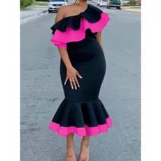 Europa américa tamanho grande um ombro Halter babados banquete festa Fishtail saia vestido feminino