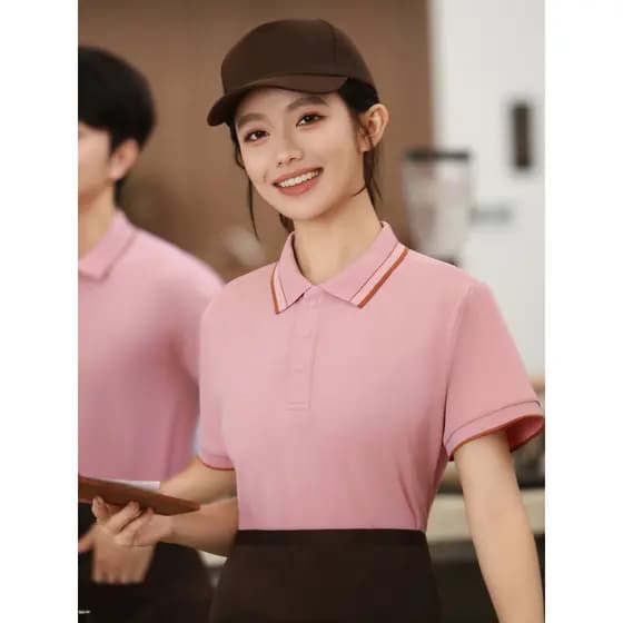 Bonito cozimento bolo loja macacão de manga curta camiseta rosa lapela garçom caixa registradora meia manga roupas de ve