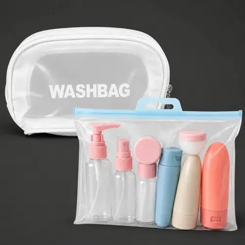Kit Viagem 11 Fracos Creme Shampoo Necessaire Washbag Branco Plástico Transparente Porta Maquiagem