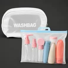 Kit Viagem 11 Fracos Creme Shampoo Necessaire Washbag Branco Plástico Transparente Porta Maquiagem