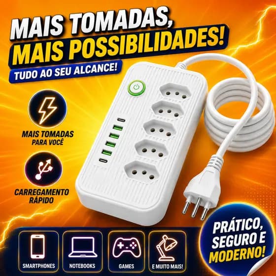 KIT Filtro de  Linha Extensão Cabo Elétrico5 Tomadas 4 Usb 2 USBC cabo 2,8M Bivolt 127v/220v