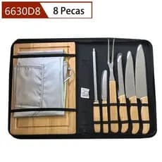 Kit facas de cozinha/Churrasco Profissional Antiaderente 8 Peças 6 Facas + 1 Tábua De Corte+Avental