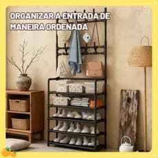 Suporte Multifuncional para Sapatos e Roupas - Organizador de Entrada com Ganchos e Prateleiras