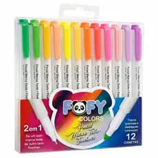 Kit Marca Texto 2 Em 1 Fofy Colors 12 Cores Caneta Marca Texto + Fineliner Escolar Colorido Estudo