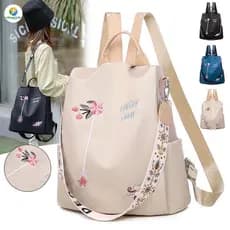 Mochila Feminina de Grande Capacidade em Nylon Impermeável, Estilo Moderno com Bordado Floral