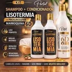 Kit Progressiva Marroquina 6D + Shampoo e Condicionador Lisotermia 1L Portal Cosméticos Alisamento Profissional
