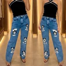 Calça Jeans Feminina Wide Leg Pantalona Personagem Mickey Calça Jeans  Claro Feminina Estilo Mulher