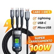 O cabo de carregamento multifuncional está disponível com cabos de dados 3 em 1 Apple e Android 1.2M com Display LED A1