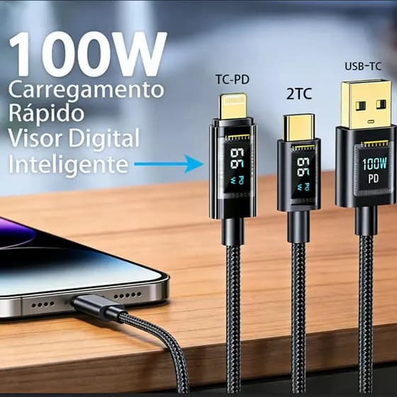 Carregador PD 100W Completo Cabo USB C 66W Visor Digital Universal -A2